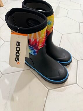 Bogs Kids Black Rain Boots with Multicolor Tie-Dye Shaft
